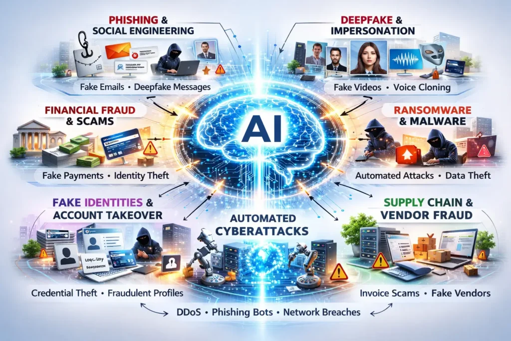 Illustration of a glowing AI brain at the center of a cybercrime diagram, surrounded by scenes of fraud, phishing, impersonation, and cyberattacks.