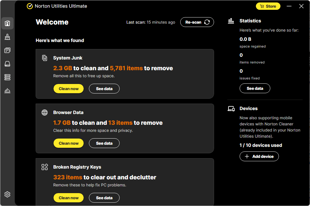 Norton Utilities Ultimate Main Dashboard